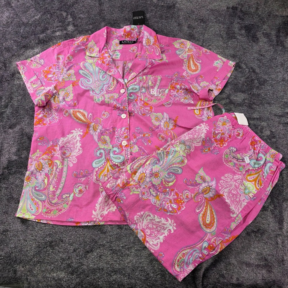 Ralph Lauren Pink Paisley Shirt & Pant Sleep Set Womens Large Pajama Set
